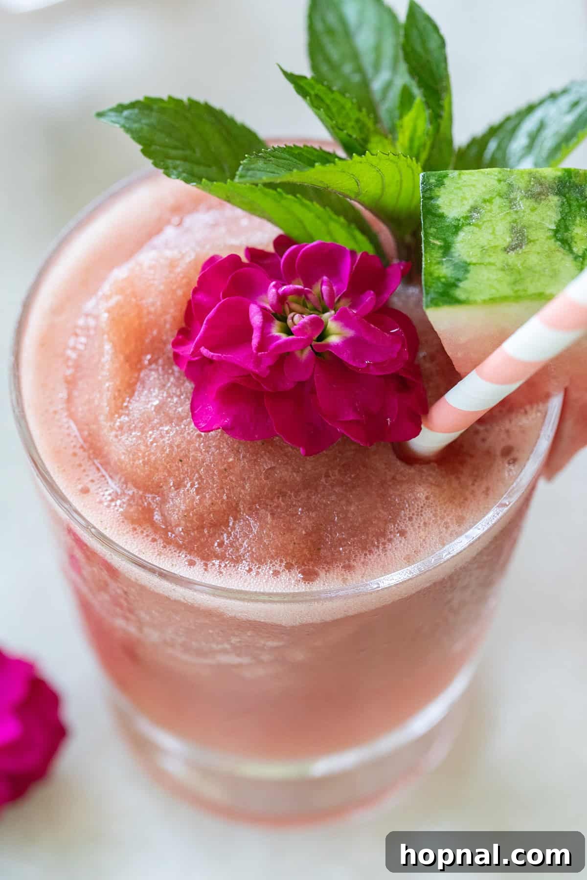 Frozen watermelon drink made with rosé, fresh mint, and zesty lemon juice, garnished for a summer gathering.