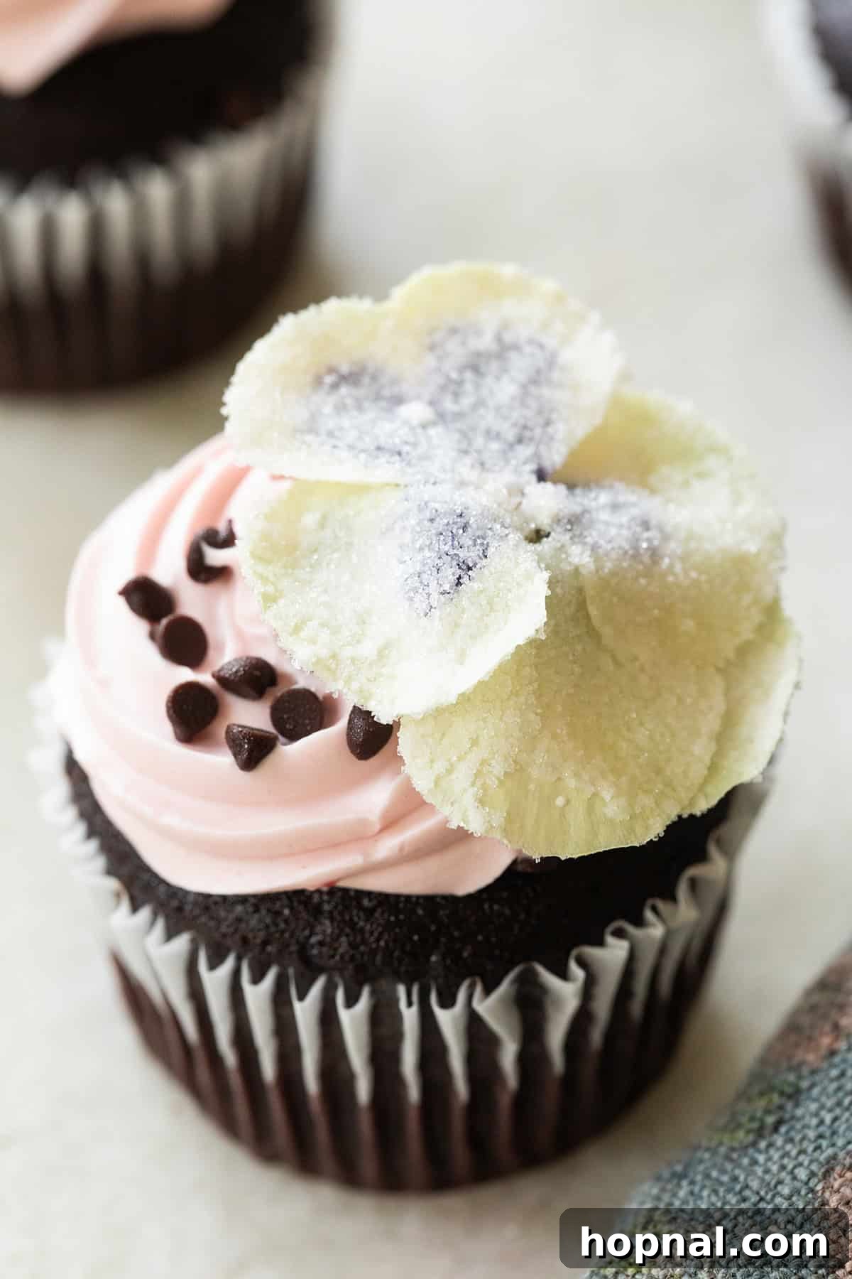 Sugared flower on top of a cupcake.