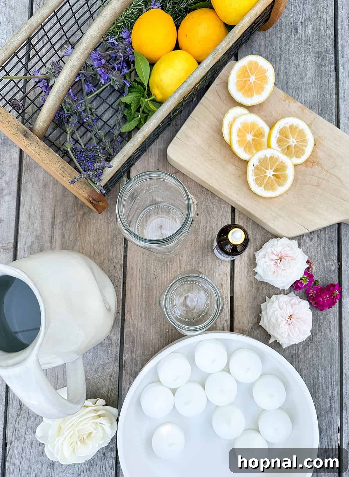 Citronella oil, candles, lemon slices, herbs and flowers. 