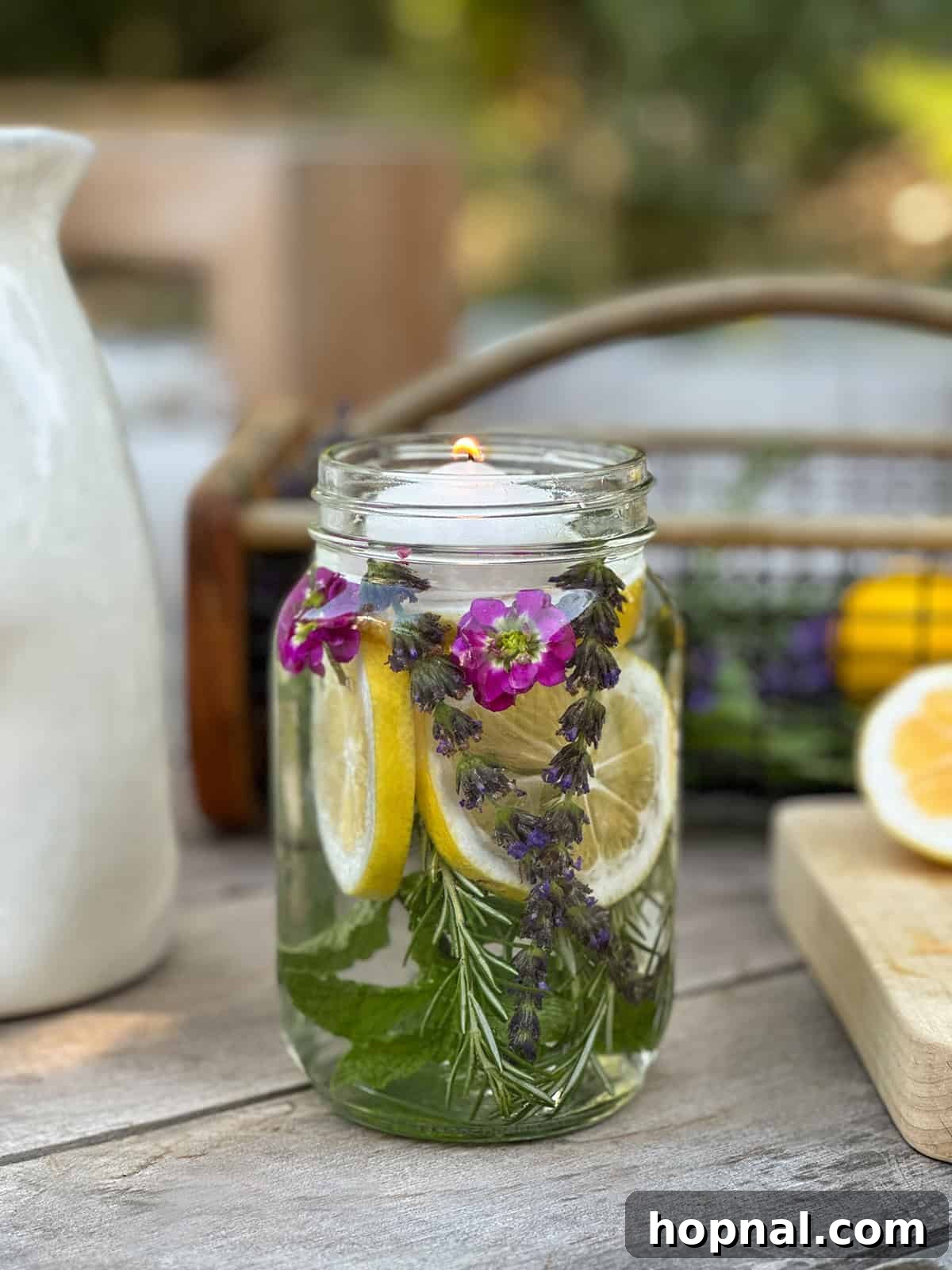 Mason jar filled with water, citronella oil, herbs and lemon slices. 