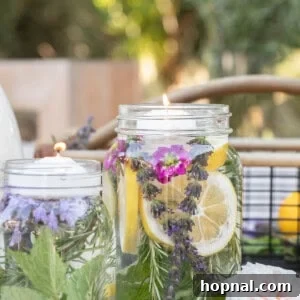 Citronella candle in jar with oil, herbs and a floating candle over the top.