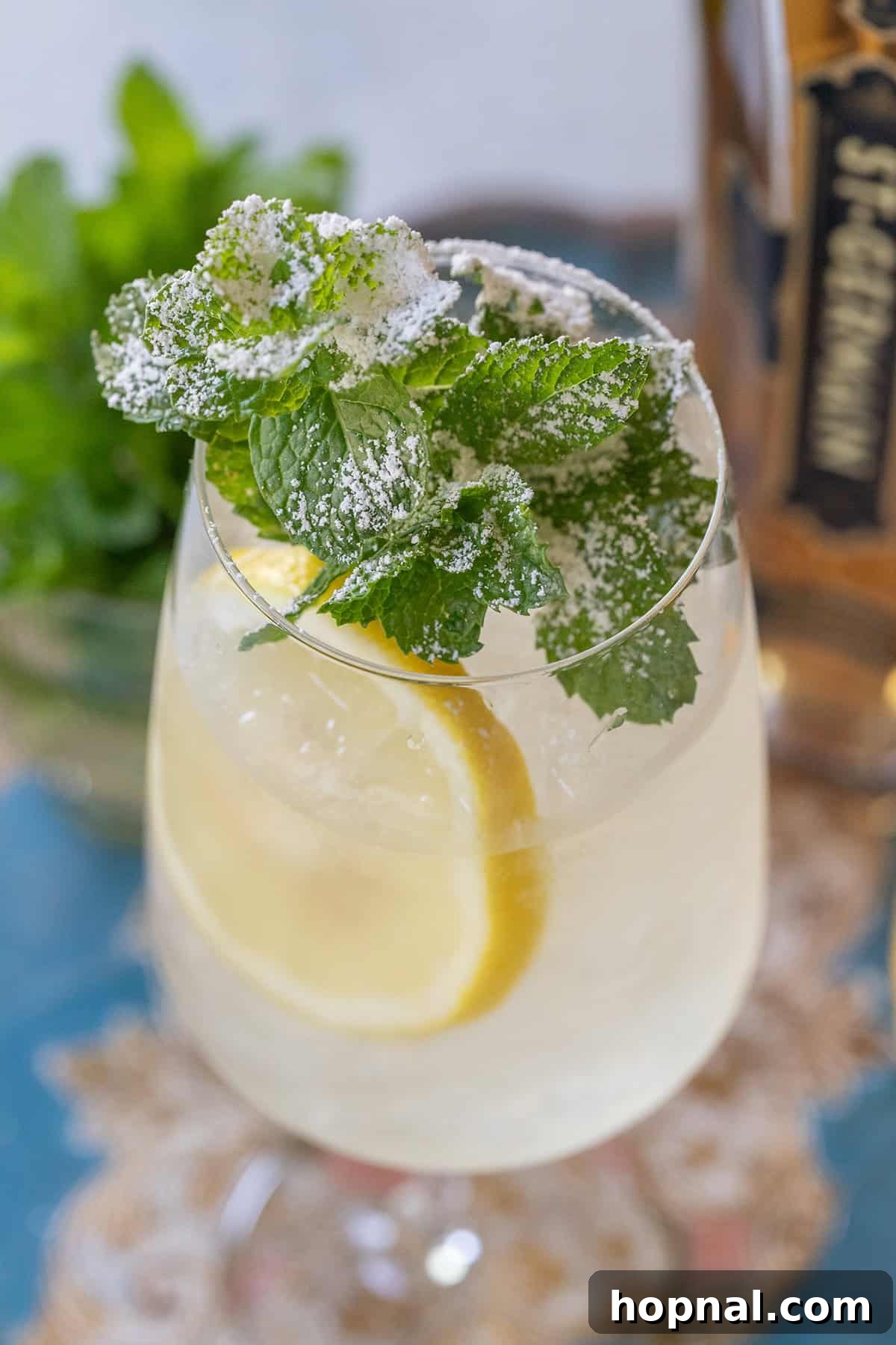 Elderflower spritz with fresh mint and a powdered sugar garnish. A beautifully presented Hugo Spritz.