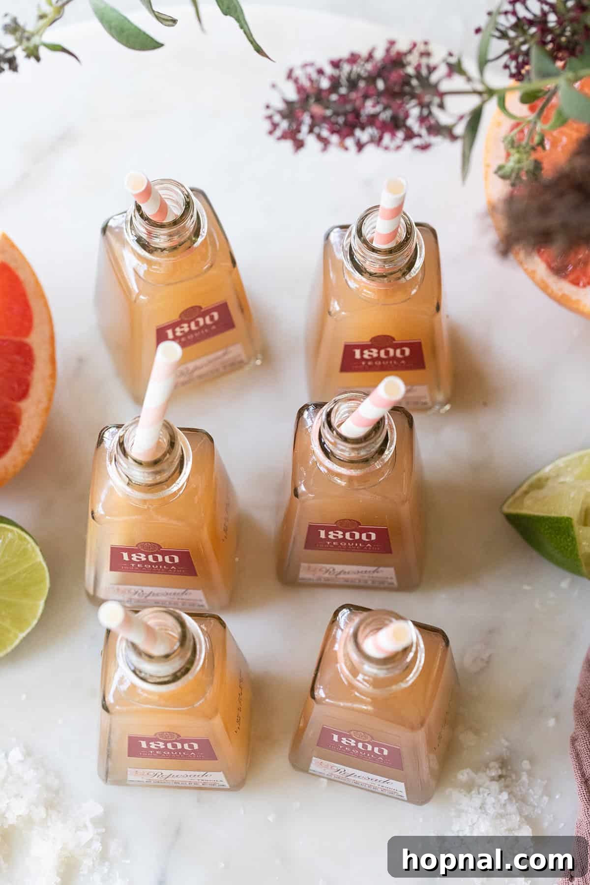 Mini Paloma Grapefruit Tequila Shots 3 Individual Paloma shots prepared in tiny tequila bottles, showcasing the vibrant pink hue of the grapefruit juice.