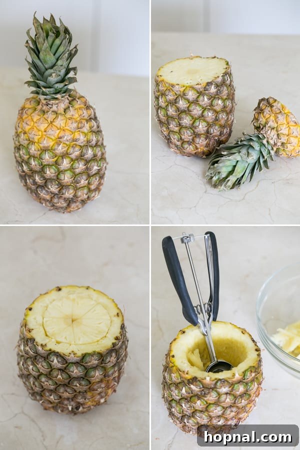 A four-panel image demonstrating the step-by-step process of how to expertly cut and hollow out a fresh pineapple to create a unique serving cup for cocktails.