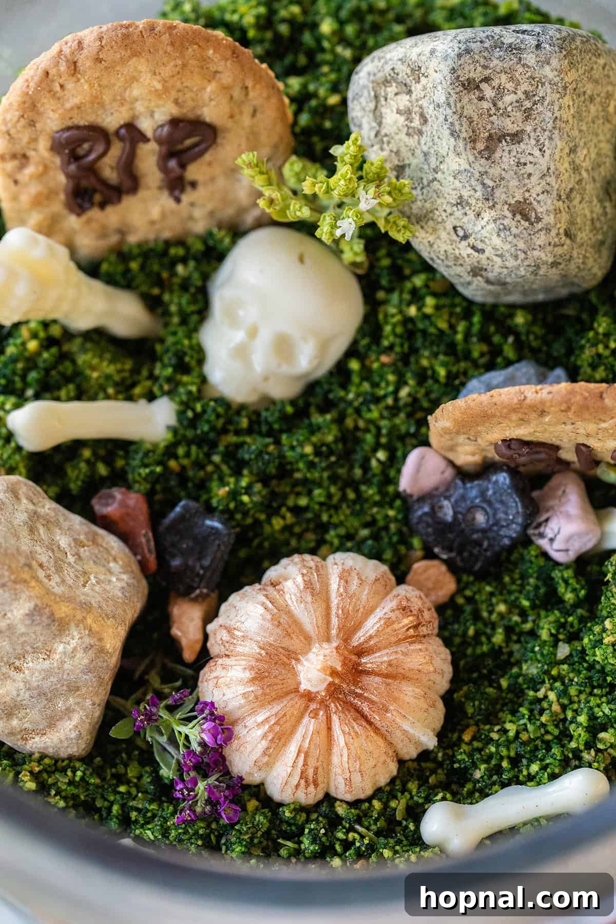Edible Halloween terrarium details featuring chocolate, candy pumpkins, rock-shaped candies, and white chocolate bones.