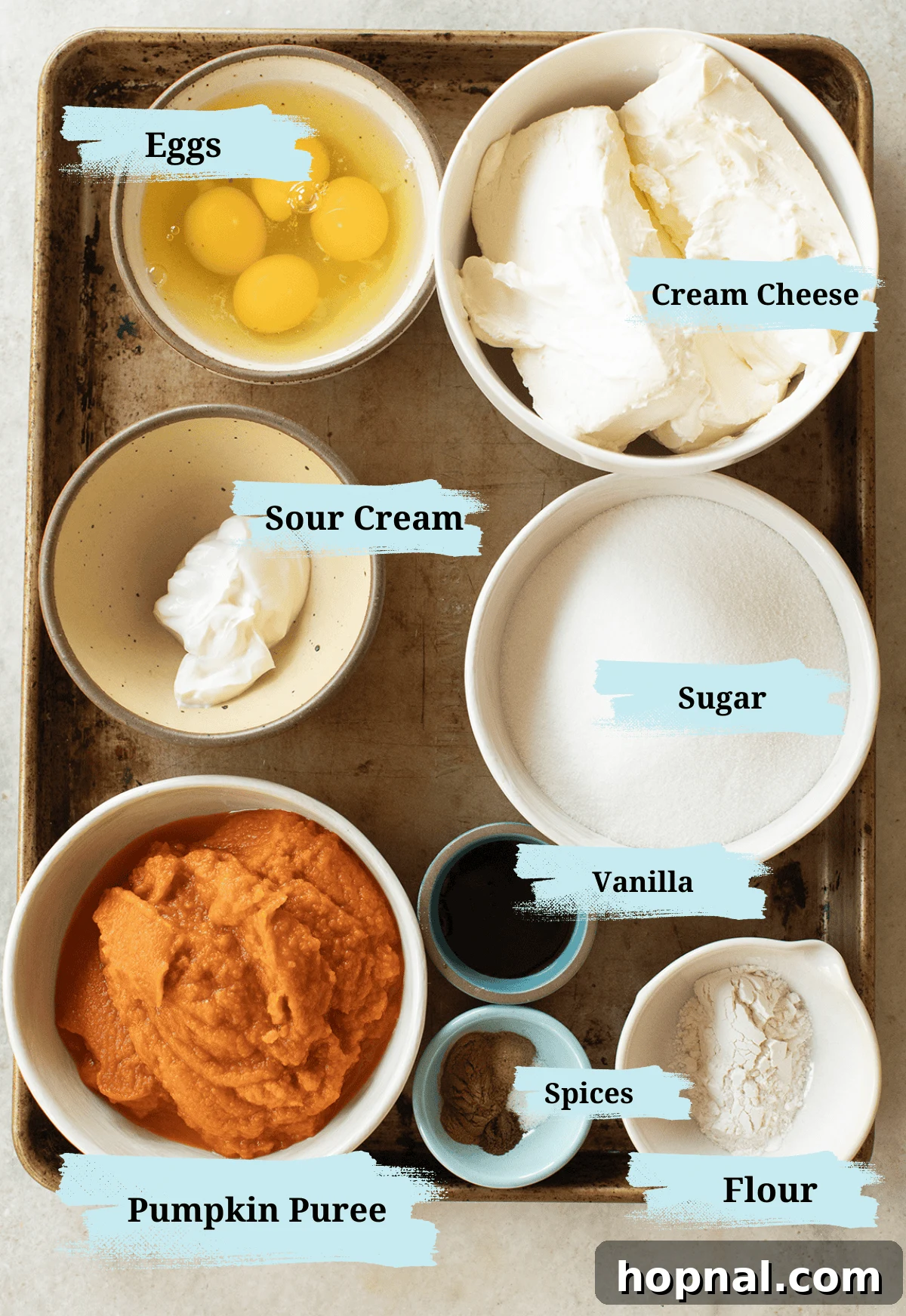 Various ingredients for pumpkin cheesecake laid out in separate bowls on a wooden surface, including graham cracker crumbs, pumpkin puree, eggs, and spices.