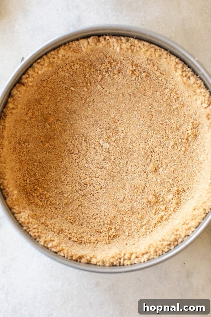 Graham cracker crust neatly pressed into a 9-inch springform pan, ready for the filling.