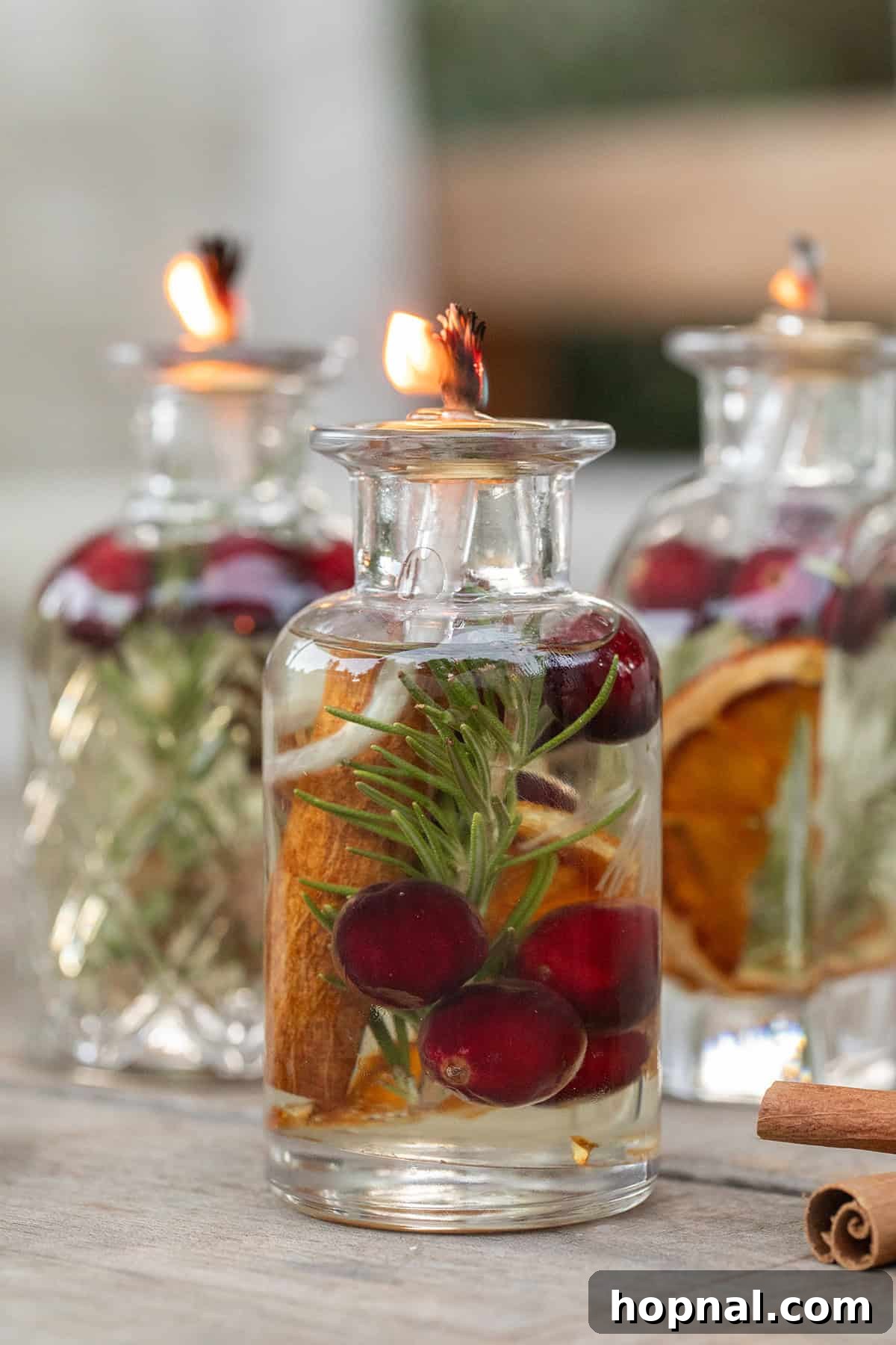 Homemade oil candles adorned with berries, cinnamon sticks, and dried orange slices, casting a cozy, warm glow.