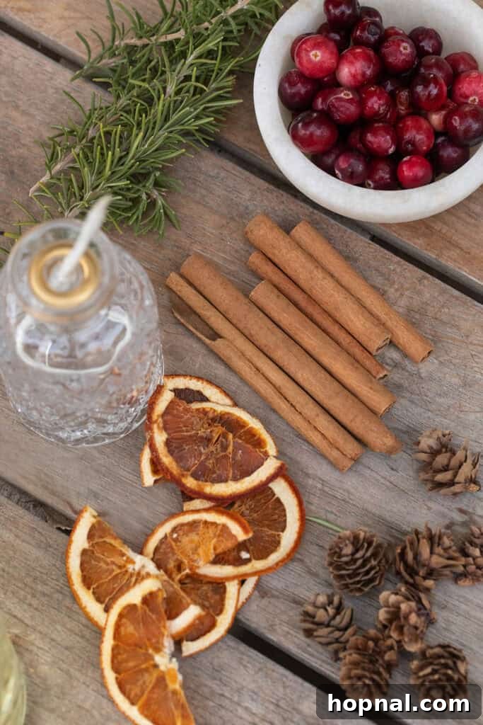 An assortment of dried orange slices, cinnamon sticks, cranberries, and pine cones, perfect for decorating natural oil candles.