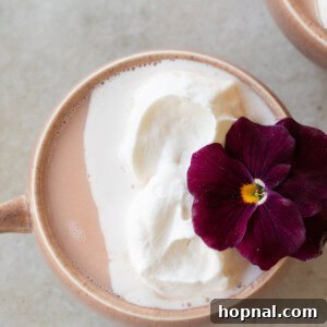 Pink hot chocolate with whipped cream, edible flower in a pink mug.
