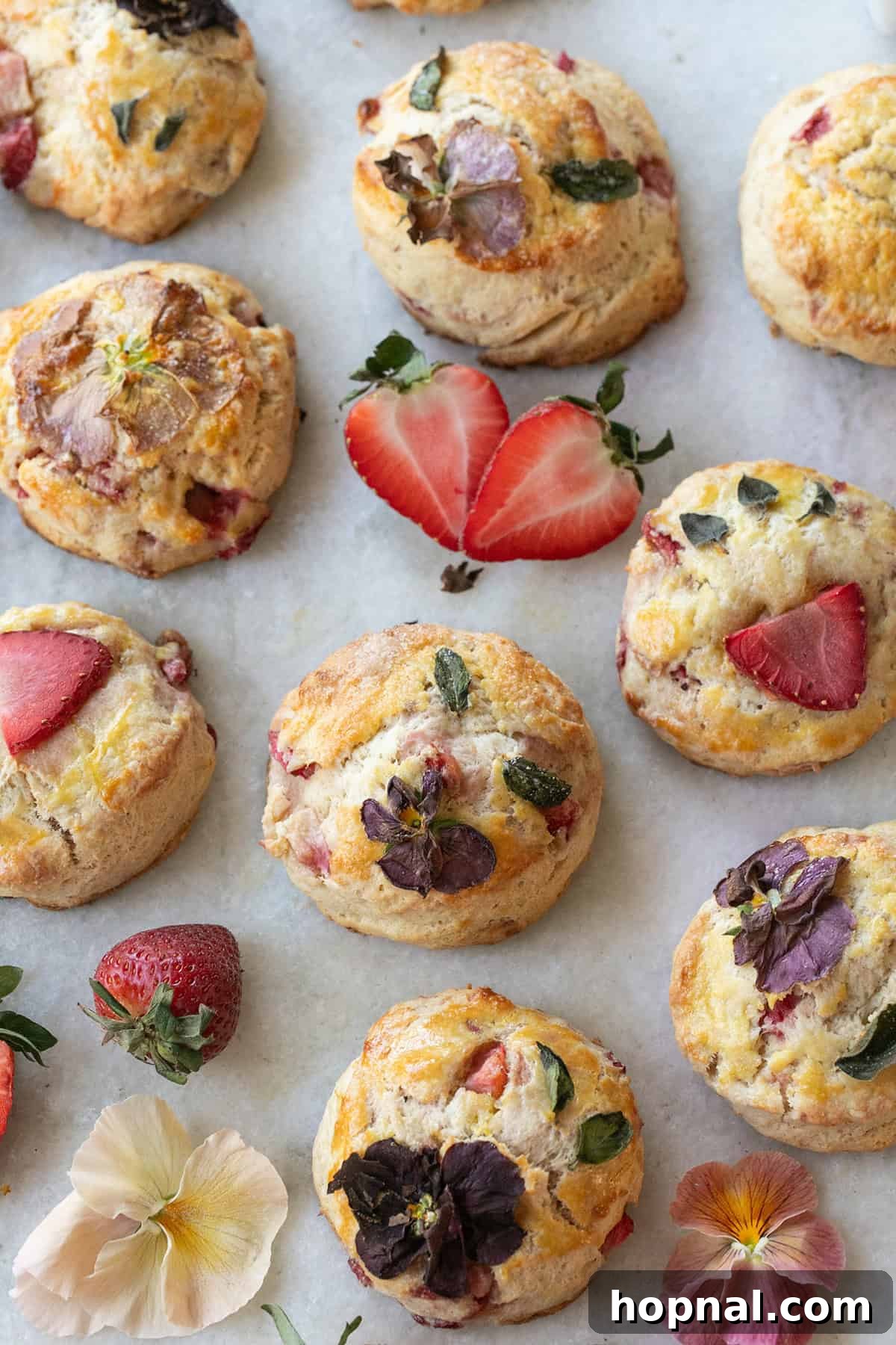 Freshly baked strawberry scones adorned with delicate edible flowers and a glossy orange glaze, presented on a rustic wooden board.