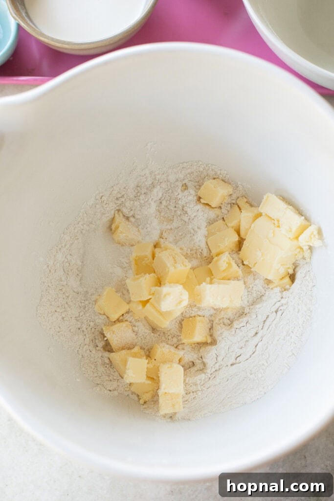 Close-up of flour and cubes of cold butter in a mixing bowl, illustrating the initial step of cutting butter into dry ingredients for scone dough.