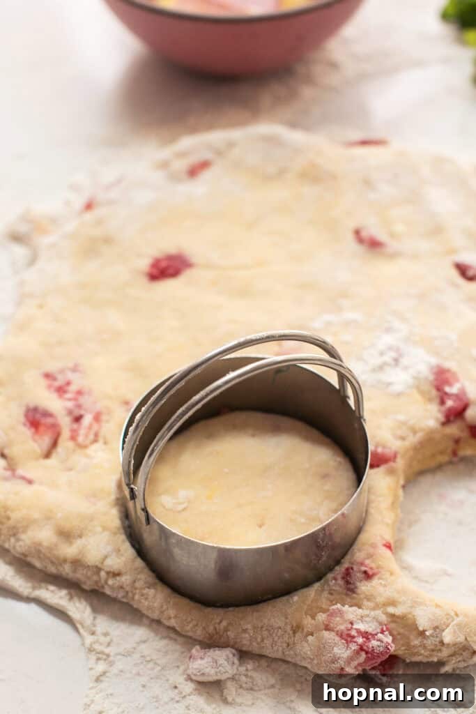 A round pastry cutter pressing into scone dough on a floured surface, ready to create perfect circular scones.