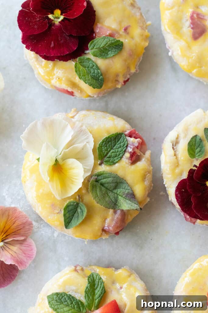 An unbaked strawberry scone brushed with an egg wash and adorned with edible flowers, placed on a baking sheet before baking.