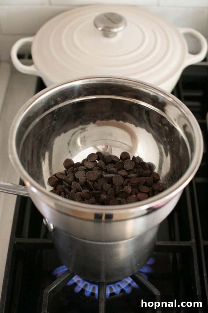 Sweet Spring Nests 5 Chocolate chips melting in a double boiler over simmering water, creating a smooth, glossy consistency.