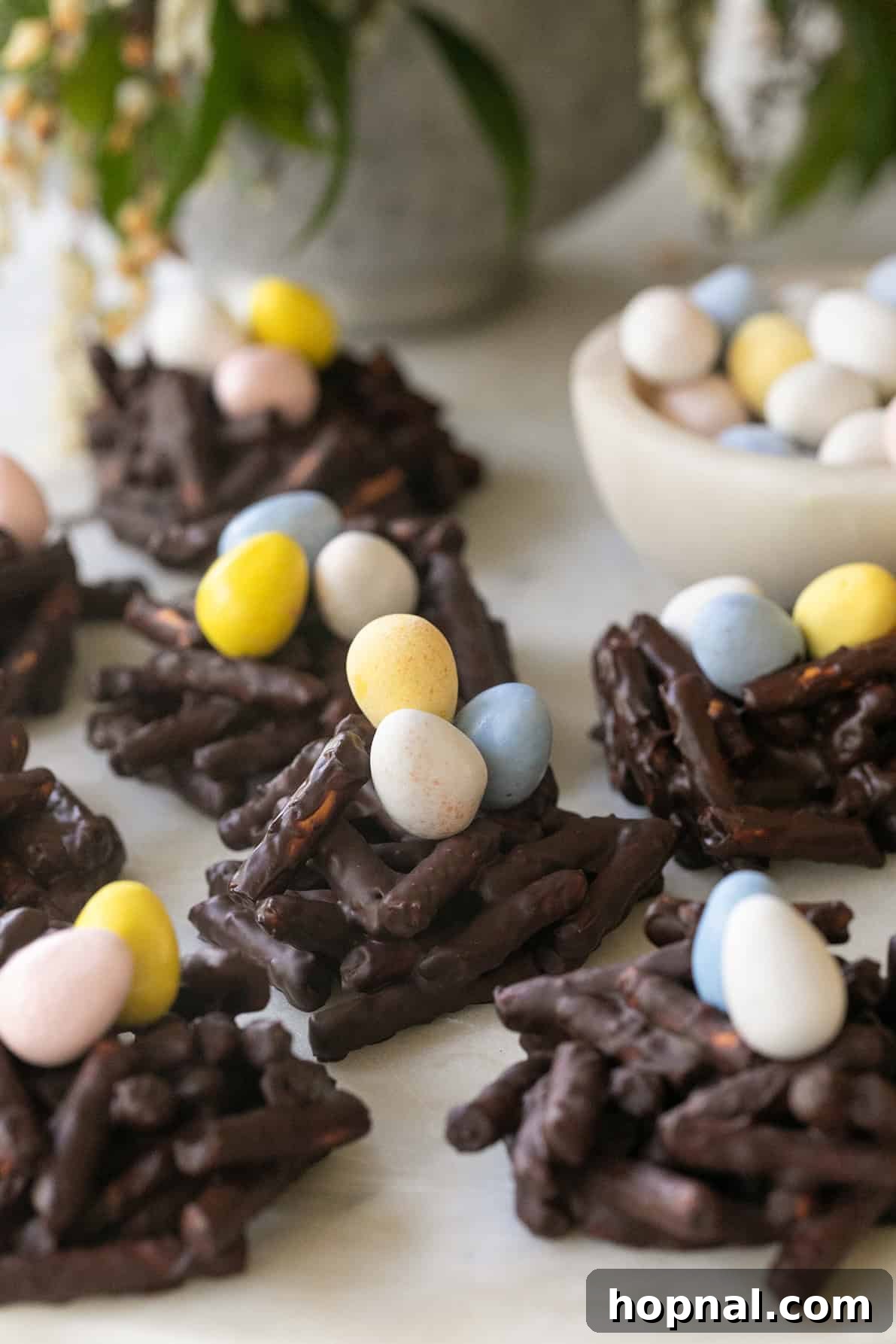 Sweet Spring Nests 9 A close-up of a single Bird's Nest Cookie, showcasing the textured pretzel pieces coated in chocolate and the colorful candy eggs in the center.