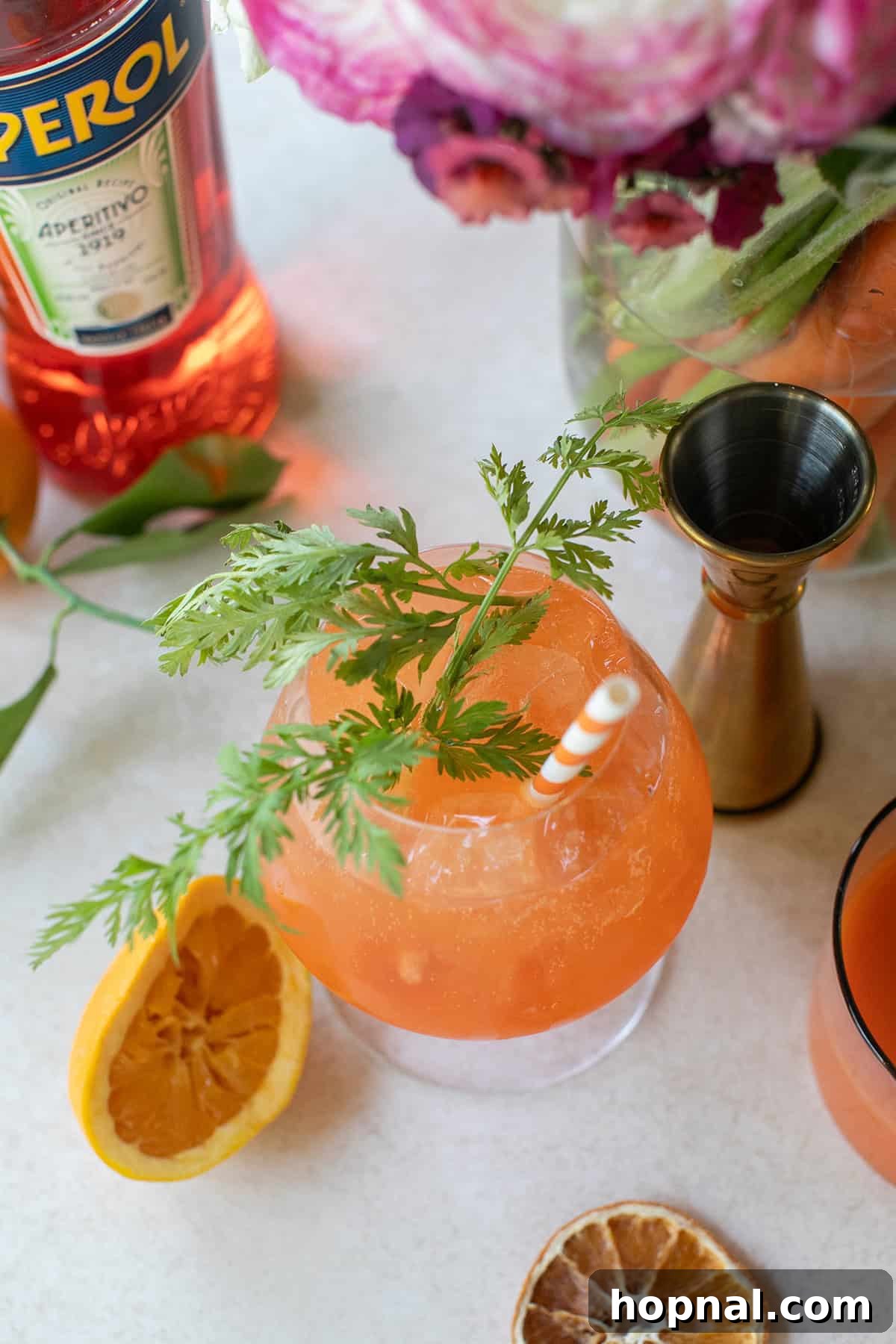 A perfectly prepared Carrot Spritz cocktail in a wine glass, adorned with a delicate green carrot top garnish, highlighting its fresh and natural ingredients.