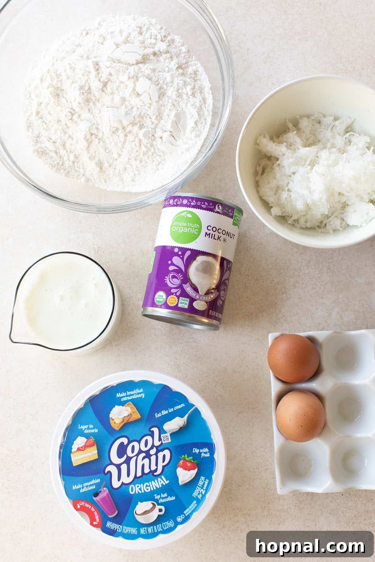 Cake mix, cool whip, eggs, buttermilk, sweetened condensed milk, coconut milk. 