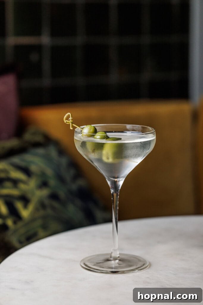 A classic dirty martini, expertly crafted and chilled