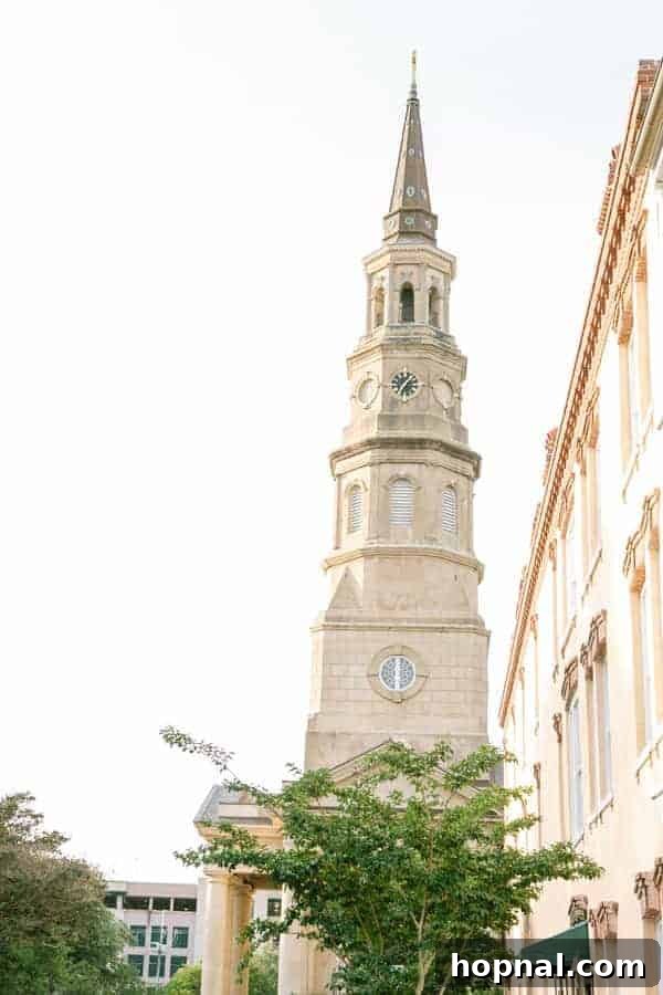 Historic Charleston church steeple reaching towards the sky