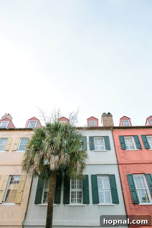 Vibrant and colorful historic houses along Rainbow Row in Charleston
