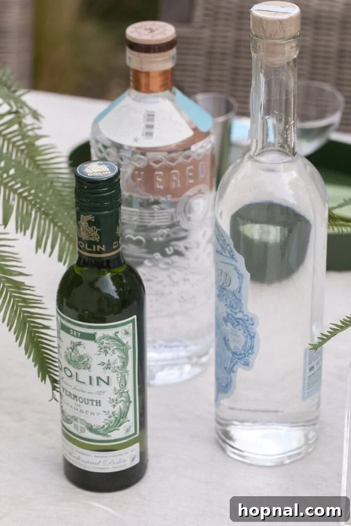 Essential ingredients for a dirty martini, including spirits, vermouth, olive brine, and various olive garnishes, beautifully displayed at a party station.