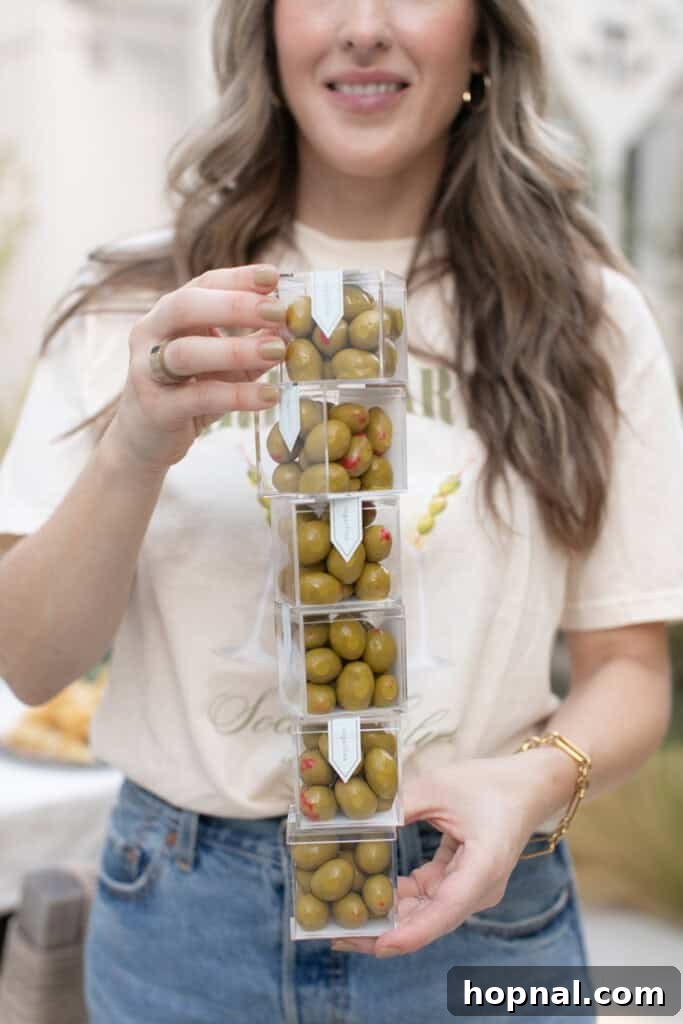 Sugarfina dirty martini olive almonds, a gourmet and themed treat, presented beautifully for a party.