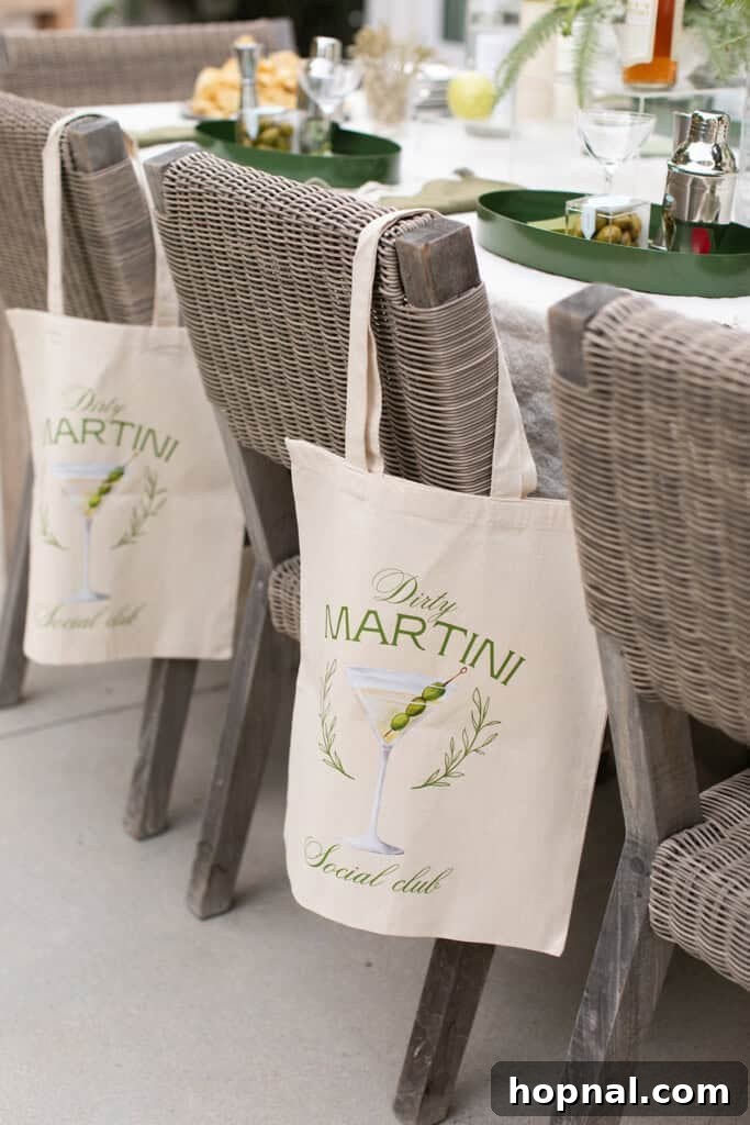 A collection of dirty martini social bags, indicating thoughtful takeaways for guests.