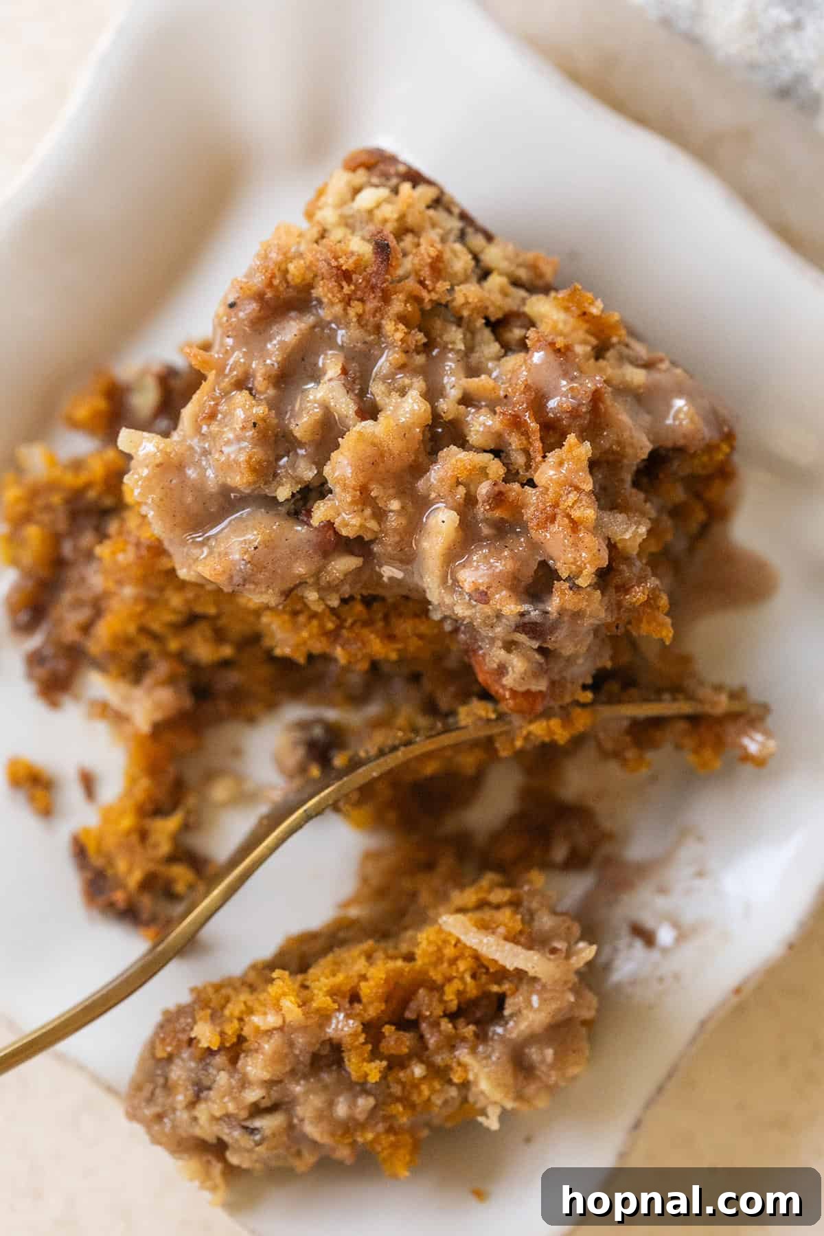 Warm Spiced Pumpkin Crumb Cake 9 A close-up shot of the irresistible coconut pecan crumb topping on a freshly baked homemade pumpkin coffee cake, highlighting its golden texture.