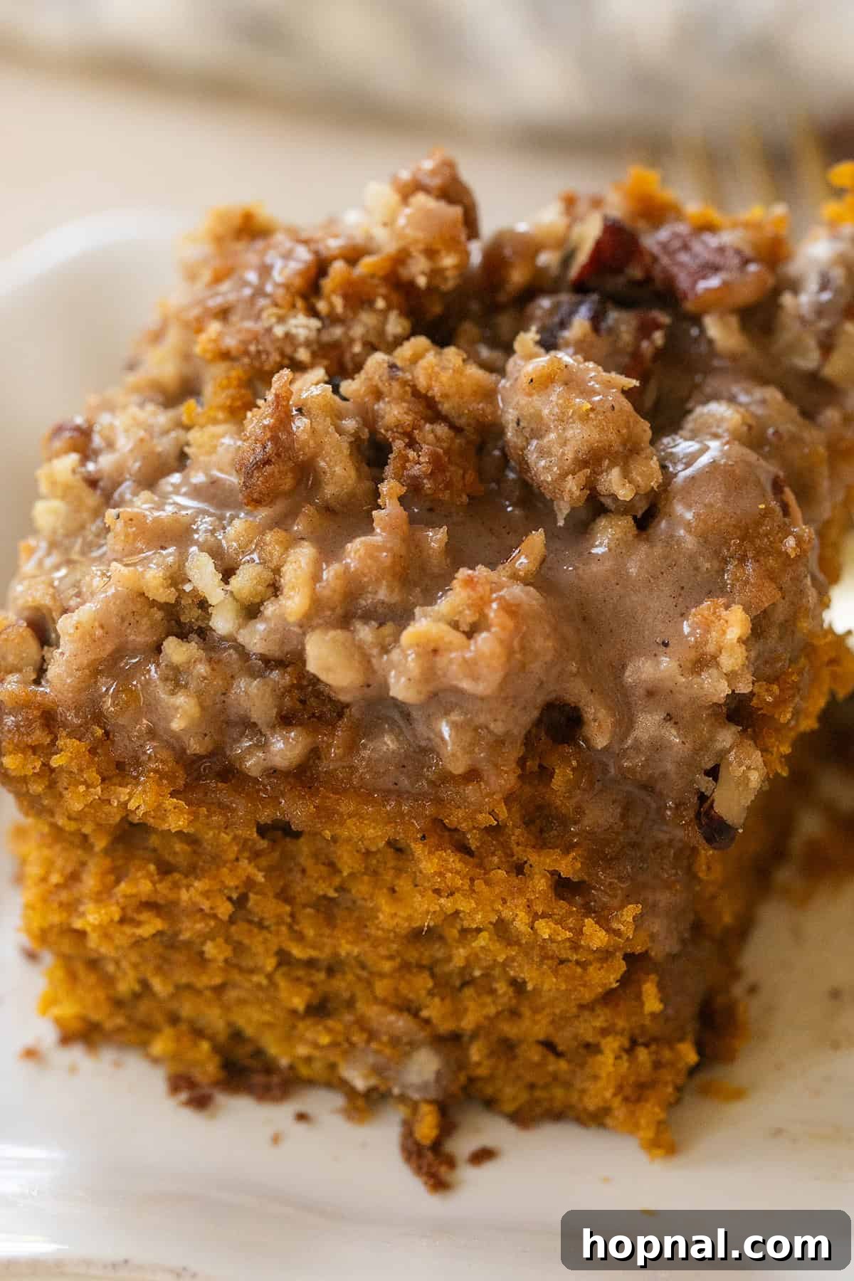 Warm Spiced Pumpkin Crumb Cake 10 A stunning shot of the finished pumpkin coffee cake with a generous drizzle of glaze, ready to be served and enjoyed.