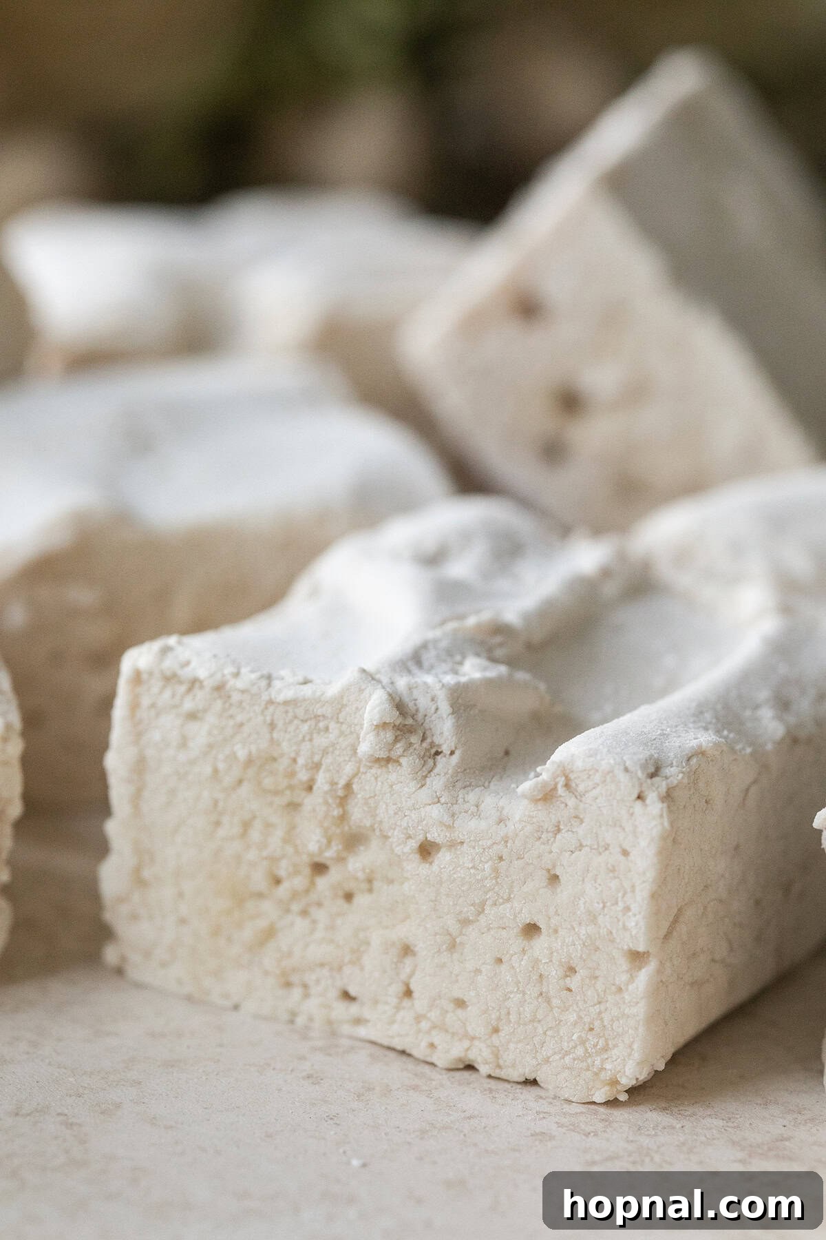 Pillowy Maple Dreams 10 Fluffy maple syrup marshmallow close-up, showing its airy texture.
