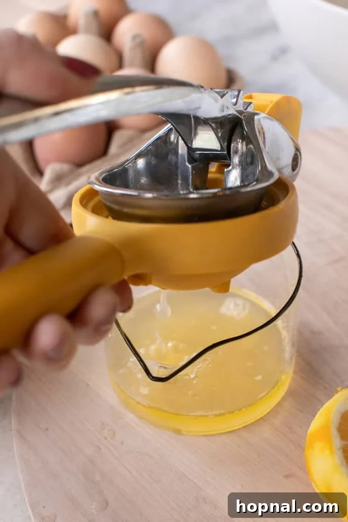 Squeezing fresh lemon juice for lemon olive oil cake recipe.