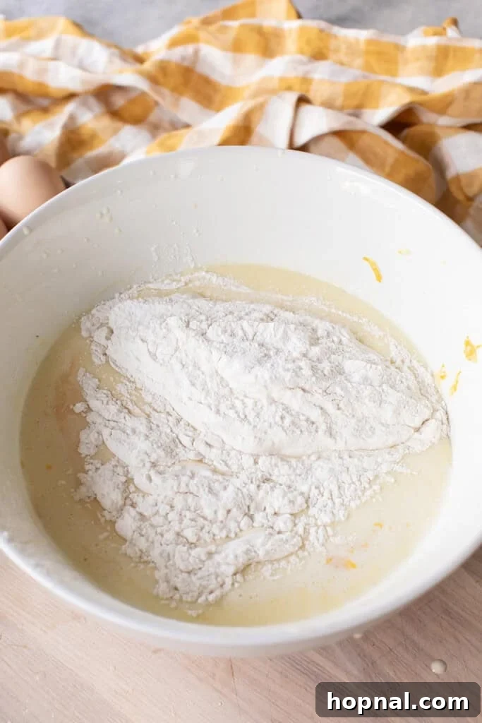 Adding dry ingredients to lemon olive oil cake batter before mixing.