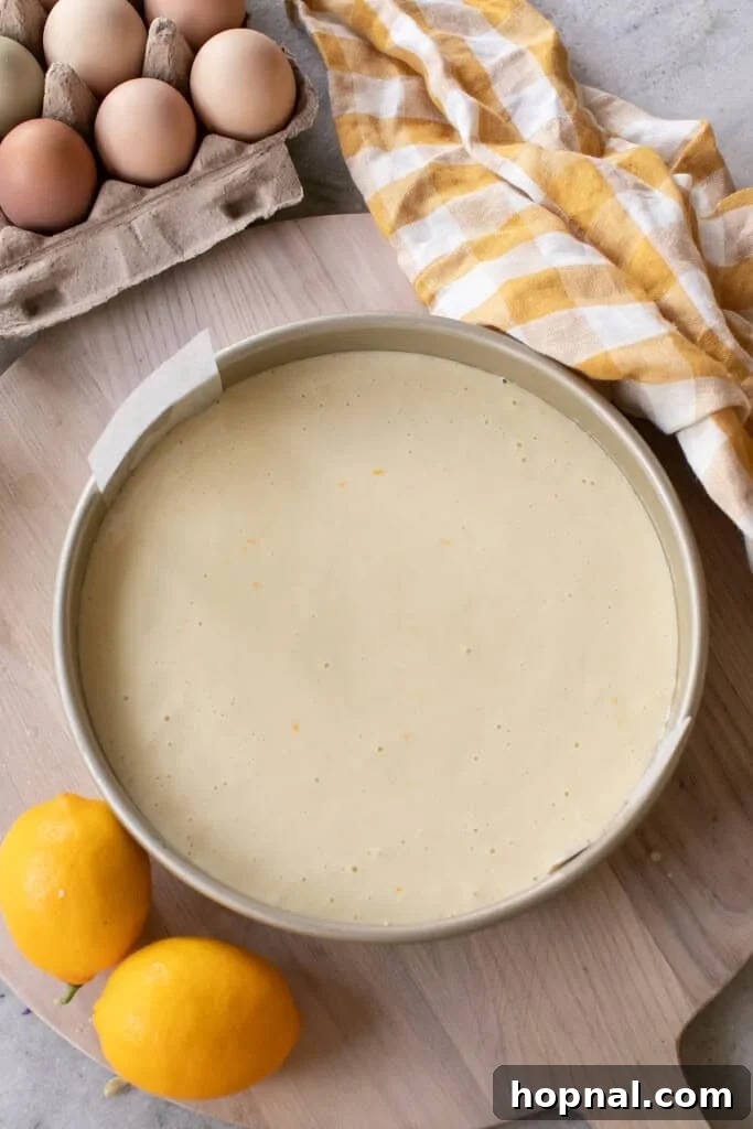 Lemon olive oil cake batter poured into prepared 9-inch round cake pan.