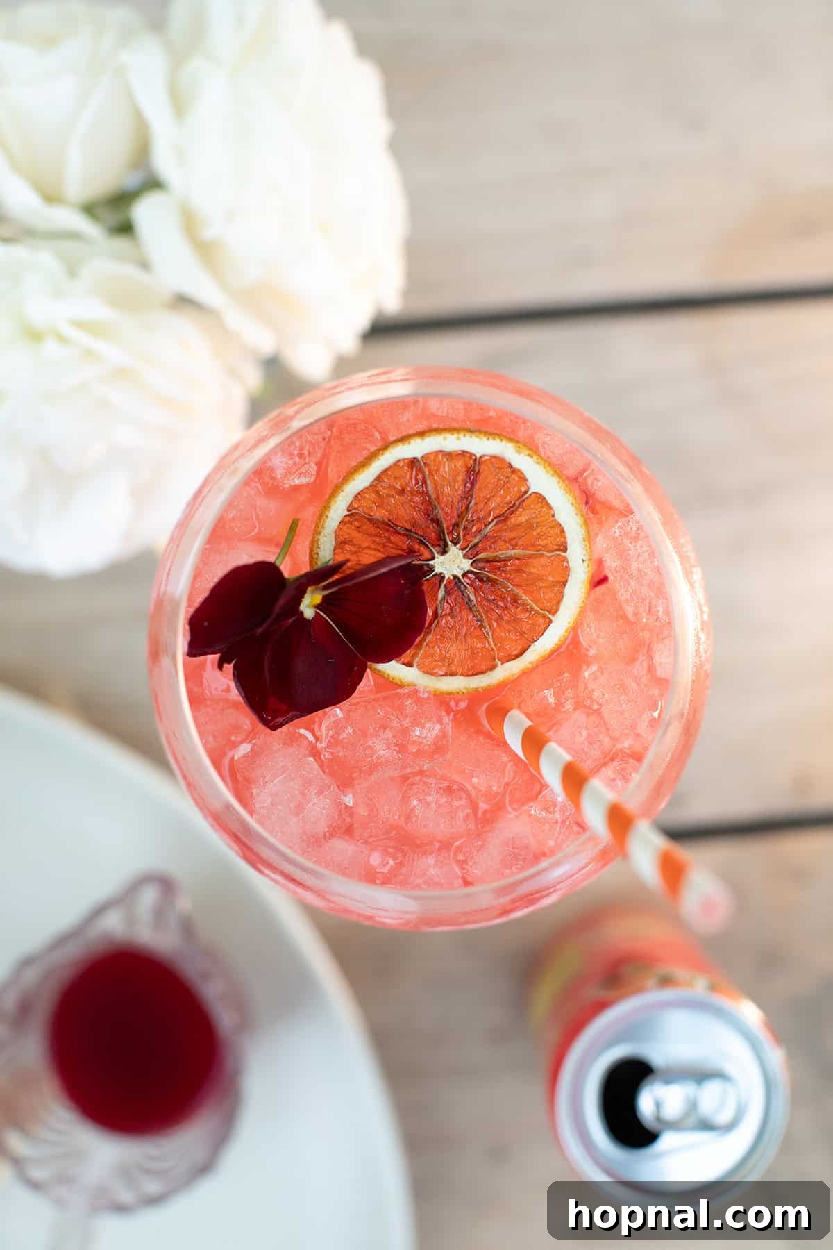 Blood orange spritz with an edible flower, dehydrated orange slices.