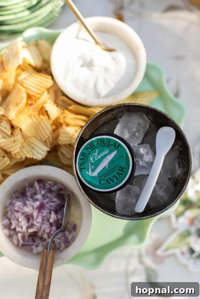 Delicate caviar served with crisp potato chips, rich sour cream, and finely diced onions – a luxurious and classic appetizer.