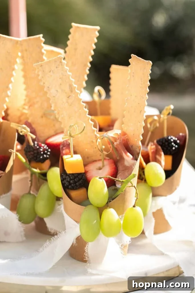 Individual charcuterie cups beautifully arranged with grapes, artisanal cheeses, gourmet crackers, and cured meats for easy mingling.
