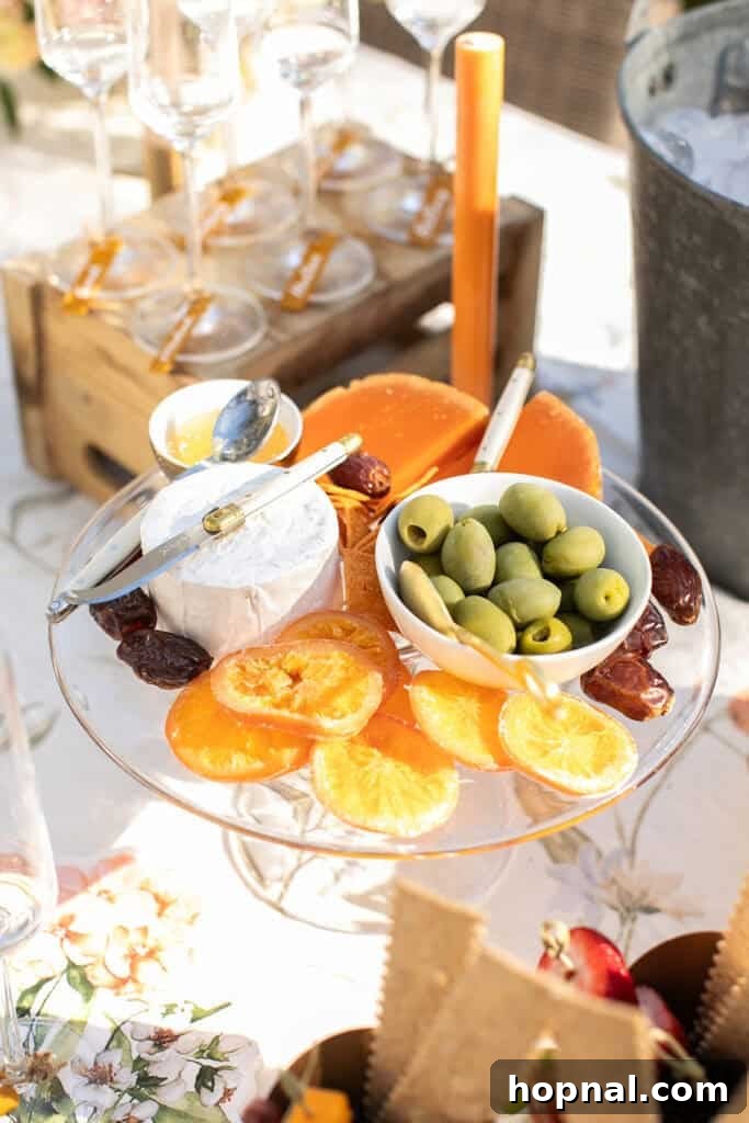 An artfully arranged garden party cheese platter featuring a selection of cheeses, fruits, nuts, and crackers.