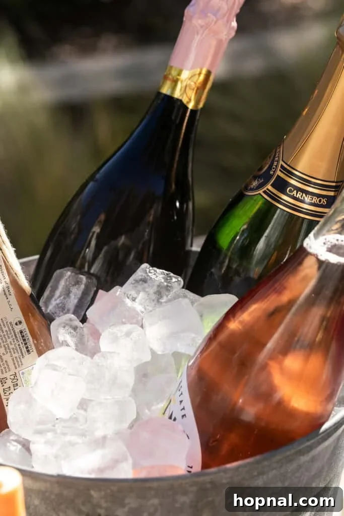 Elegant champagne bottles chilling in a silver bucket, ready for serving at a lively garden party.