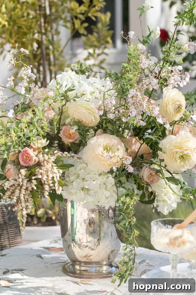 An exquisite arrangement of fresh garden flowers, serving as a stunning centerpiece for a refined champagne in the garden party.