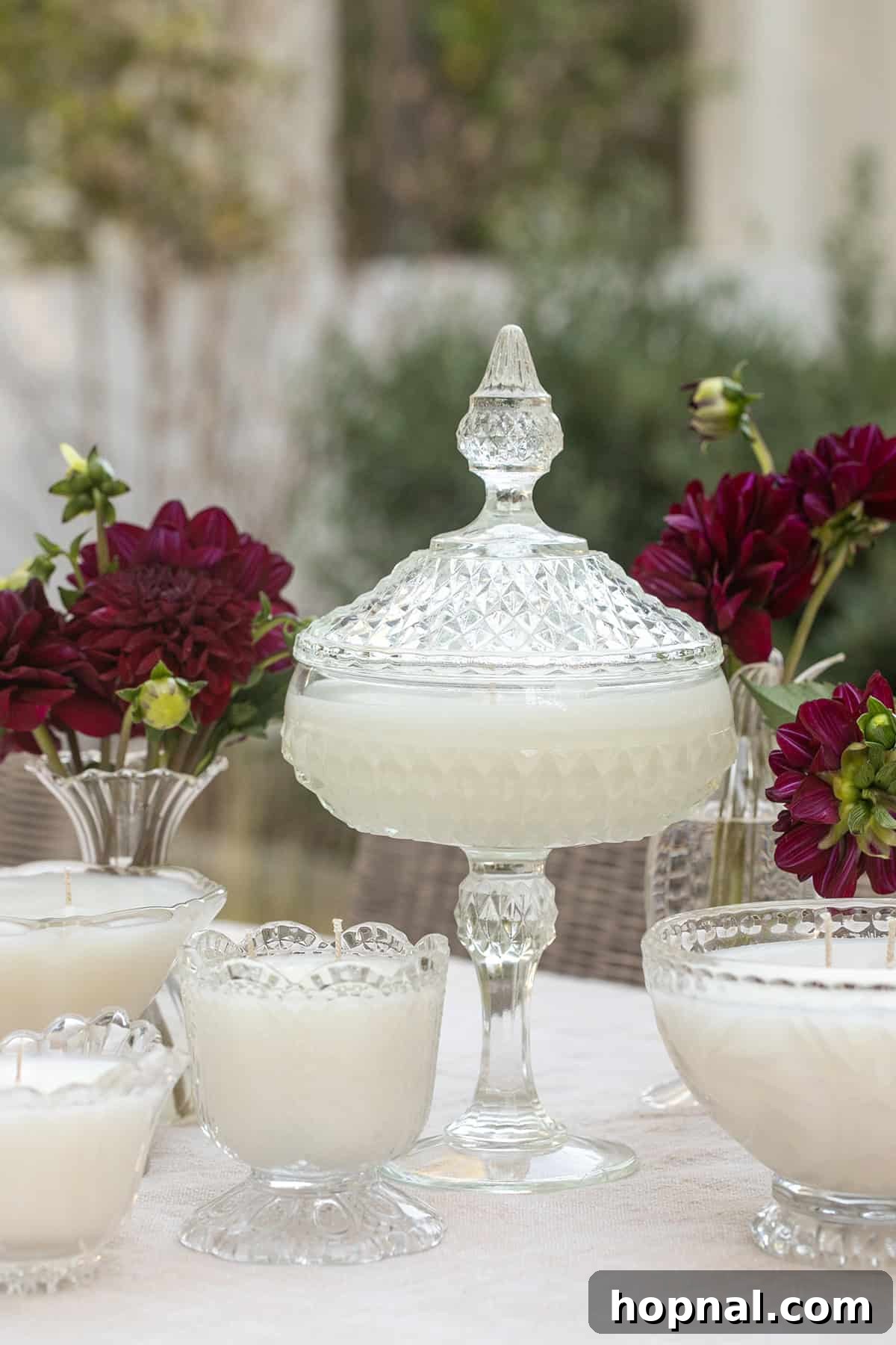 Finished homemade candles in vintage glass.
