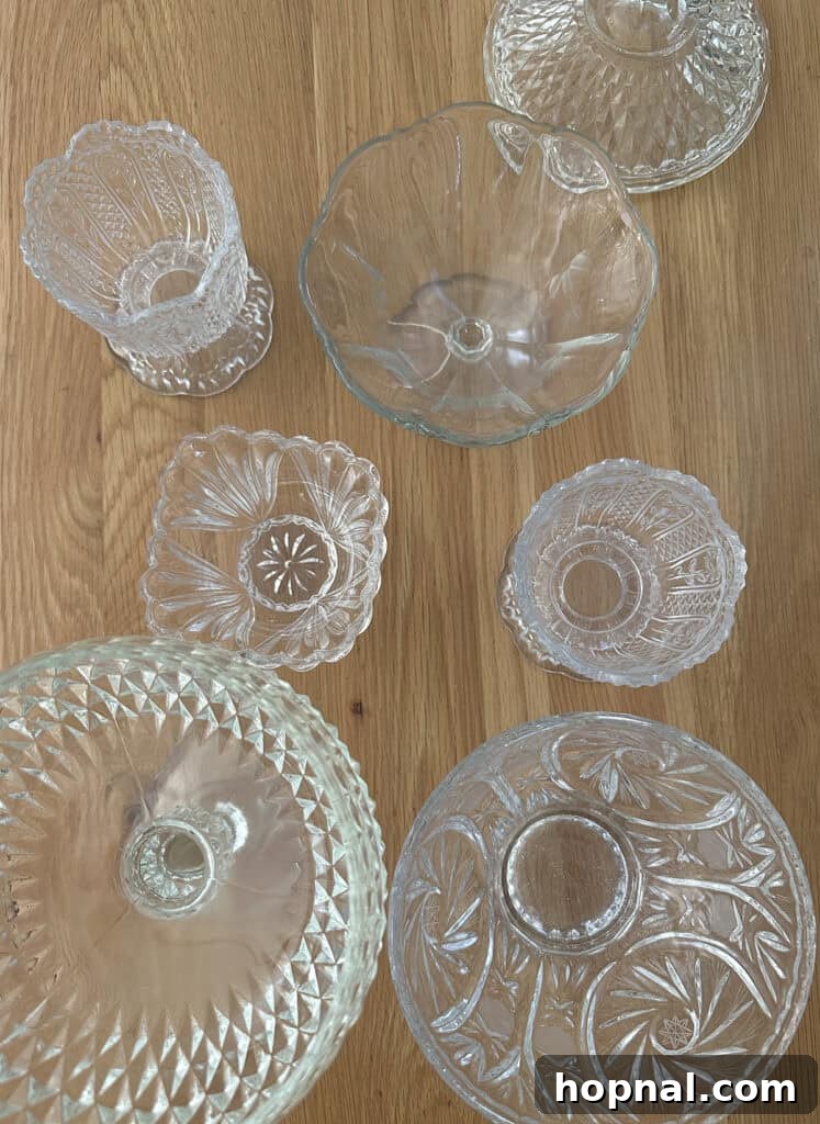 Vintage glass dishes and jars found at a thrift store for candle making. 