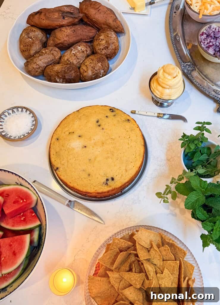 Rodeo-Themed Dinner Party Ideas: Menu, Decor & Tips 13 Baked potatoes, cornbread, whipped butter, and watermelon for a rodeo dinner party.