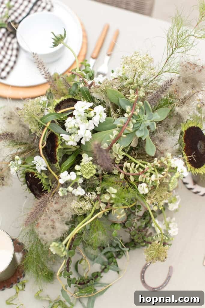 Rodeo-Themed Dinner Party Ideas: Menu, Decor & Tips 6 Flower arrangement filled with green and white flowers, succulents, and sunflowers.